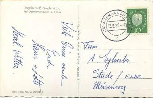 Jagdschloss Niederwald - Foto-AK - Verlag A. Mauthe Balingen gel. 1960