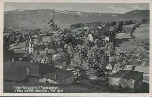 Nieder-Schreiberhau im Riesengebirge mit Blick nach den Schneegruben und Reifträger - Verlag W. Staudte Hirschberg