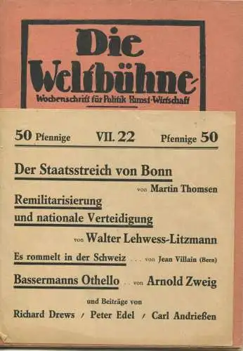 Die Weltbühne - Wochenschrift für Politik Kunst Wirtschaft - 28.Mai 1952 -begründet von Siegfried Jacobson - zuletzt gel