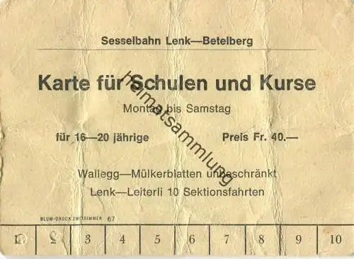 Schweiz - Sesselbahn Lenk-Betelberg - Karte für Schulen und Kurse 1968