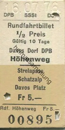 Schweiz - Rundfahrtbillet 1/2 Preis - Davos Dorf DPB Höhenweg Strelapass Schatzalp Davos Platz - Fahrkarte 1976