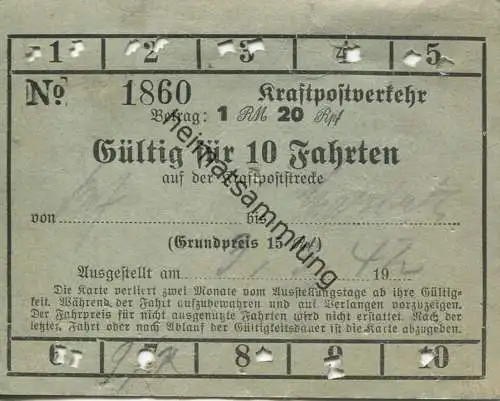 Deutschland - Kraftpostverkehr 1942 - Gültig für 10 Fahrten auf der Kraftpoststrecke - Fahrkarte 1RM 20Rpf