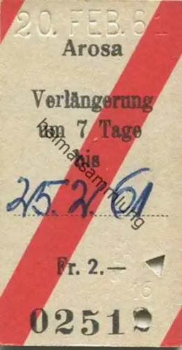 Schweiz - Arosa - Verlängerung um 7 Tage - Karte 1961