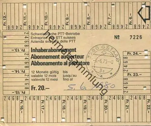 Schweiz - Schweizerische PTT-Betriebe - Innhaberabonnement - Fahrschein 1980