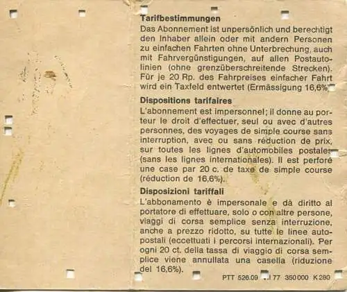 Schweiz - Schweizerische PTT-Betriebe - Innhaberabonnement - Fahrschein 1980