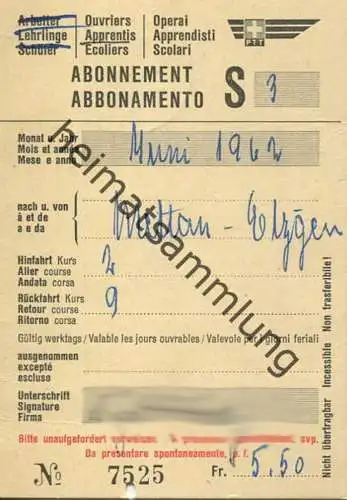 Schweiz - PTT - Lehrlings-Abonnement 1962 Mettau Etzgen