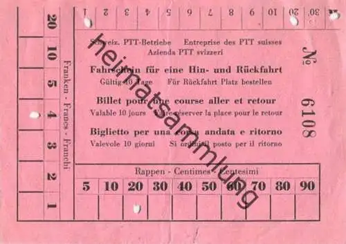 Schweiz - Schweizerische PTT-Betriebe - Fahrschein für eine Hin- und Rückfahrt