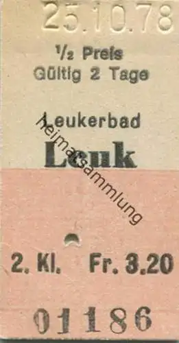 Schweiz - Leukerbad Leuk - 1/2 Preis - Postauto Fahrkarte 1978 Fr. 3.20