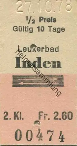 Schweiz - Leukerbad Inden und zurück - 1/2 Preis - Postauto Fahrkarte 1978 Fr. 2.60