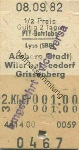 Schweiz - PTT-Betriebe - Lyss (SBB) Aarberg (Stadt) Wiler bei Seedorf Grissenberg und zurück 1982 - 1/2 Preis - Postauto