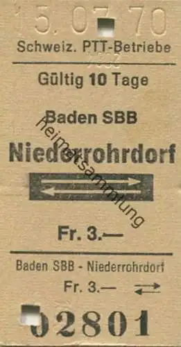 Schweiz - Baden SBB Niederrohrdorf und zurück - Schweizerische PTT-Betriebe 1970 Postauto Fahrkarte Fr. 3.-