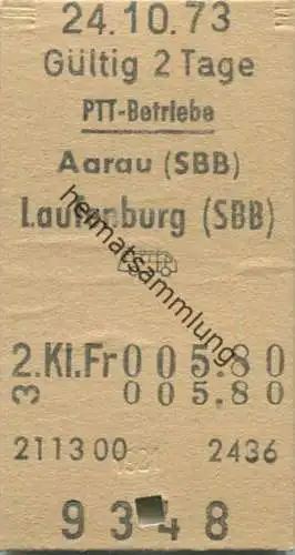 Schweiz - PTT-Betriebe - Aarau (SBB) Laufenburg (SBB) - Postauto Fahrkarte Fr 5.80