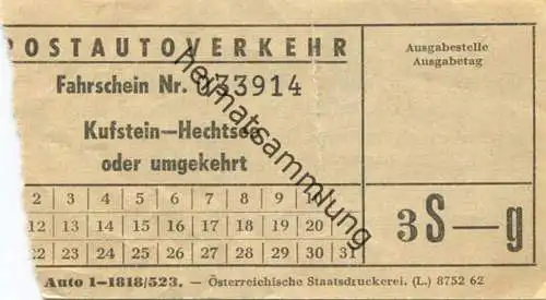 Österreich - Postautoverkehr - Kufstein-Hechtsee oder umgekehrt - Fahrschein 3 S-g