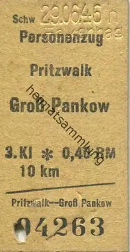 Deutschland - Pritzwalk Groß Pankow - Fahrkarte 3. Klasse 0,40 RM 1946