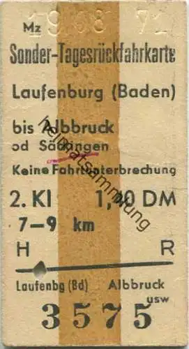 Deutschland - Sonder-Tagesrückfahrkarte - Laufenburg bis Albbruck oder Säckingen - Fahrkarte 1971