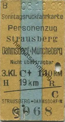 Deutschland - Sonntagsrückfahrkarte - Strausberg Dahmsdorf-Müncheberg - Fahrkarte 1933