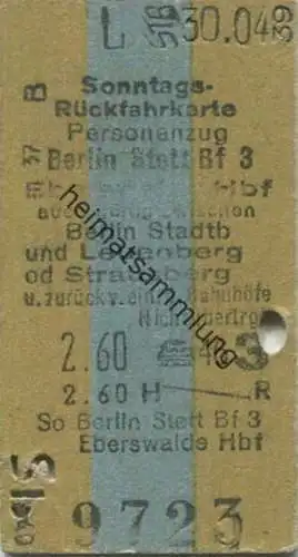 Deutschland - Sonntagsrückfahrkarte - Berlin Stettiner Bahnhof Eberswalde Hbf auch gültig zwischen Berlin Stadtbahn und