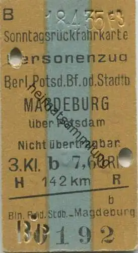 Deutschland - Sonntagsrückfahrkarte - Berlin Potsdamer Bahnhof oder Stadtbahn Magdeburg über Potsdam - Fahrkarte 3. Klas