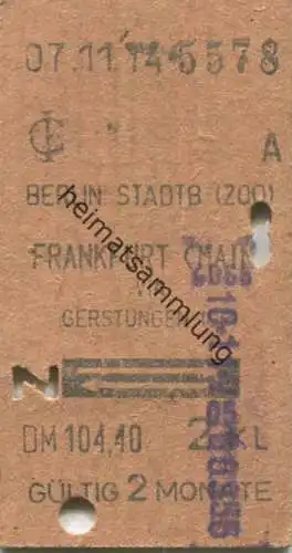 Deutschland - Berlin Stadtbahn (Zoo) Frankfurt (Main) via Gerstungen und zurück - Fahrkarte 1974