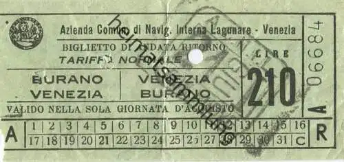 Italien - Azienda Comun. di Navig. Interna Lagunare Venezia - Fahrschein Lire 210