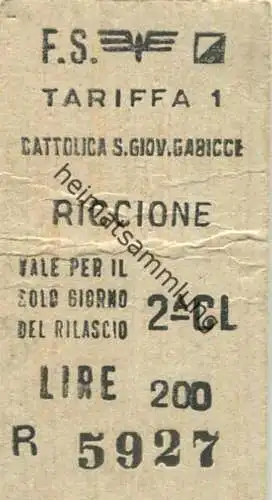 Italien - Cattolica S. Giov. Gabicce Riccione - Fahrkarte Lire 200 1978