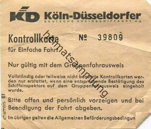 Deutschland - Köln-Düsseldorfer Deutsche Rheinschiffart AG - Kontrollkarte für einfache Fahrt - Nur gültig mit dem Grupp