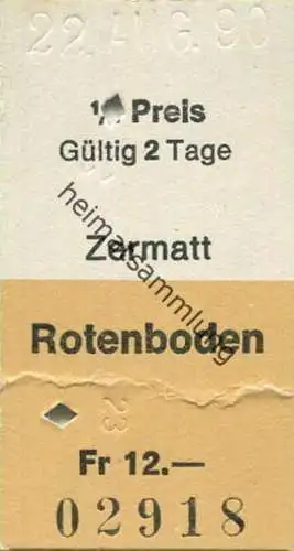 Schweiz - Zermatt Rotenboden - Fahrkarte 1990