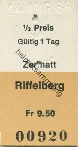 Schweiz - Zermatt Riffelberg - Fahrkarte 1989