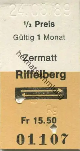 Schweiz - Zermatt Riffelberg und zurück - Fahrkarte 1989