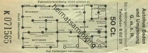 Schweiz - Autobus Baden und Umgebung GmbH - Fahrschein 50Ct. - rückseitig Werbung laube+gsell Herrenausstatter