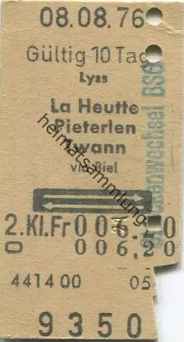 Schweiz - Lyss La Heutte Pieterlen Twann via Biel und zurück - Fahrkarte 1976 - Streckenwechsel BSG