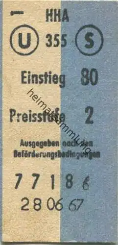 Deutschland - Hamburg - HHA - Hamburger Hochbahn AG - Fahrkarte 1967 Preisstufe 2