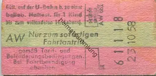 Deutschland - Hamburg - Hamburger U-Bahn - Kinder-Fahrkarte 1958