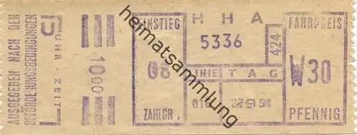 Deutschland - Hamburg - HHA - Hamburger Hochbahn AG - Linie 016 - Fahrpreis W30 Pfennig - Fahrschein 1958
