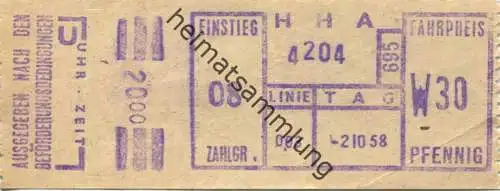Deutschland - Hamburg - HHA - Hamburger Hochbahn AG - Linie 003 - Fahrpreis W30 Pfennig - Fahrschein 1958