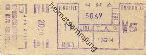 Deutschland - Hamburg - HHA - Hamburger Hochbahn AG - Linie 015 - Fahrpreis W5 - Fahrschein 1964