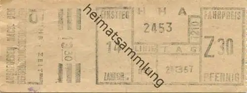 Deutschland - Hamburg - HHA - Hamburger Hochbahn AG - Linie 096 - Fahrpreis Z30 Pfennig - Fahrschein 1957