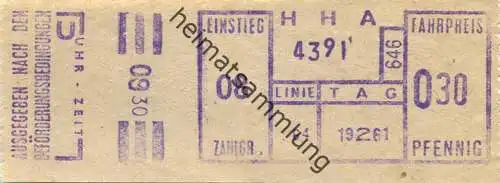 Deutschland - Hamburg - Hamburg - HHA - Hamburger Hochbahn AG - Linie 64 - Fahrpreis O30 Pfennig - Fahrschein 1961