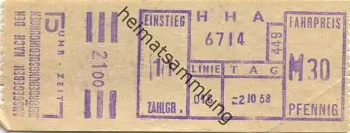 Deutschland - Hamburg - HHA - Hamburger Hochbahn AG - Linie 016 - Fahrpreis M30 Pfennig - Fahrschein 1958