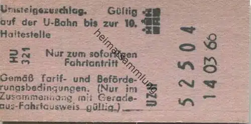 Deutschland - Hamburg - Hamburger U-Bahn-Fahrkarte 1966 - Gültig auf der U-Bahn bis 10. Haltestelle