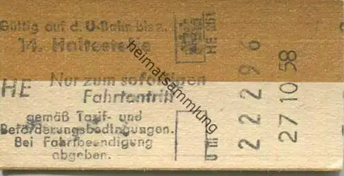 Deutschland - Hamburg - Hamburger U-Bahn-Fahrkarte 1958 - Gültig auf der U-Bahn bis 14. Haltestelle