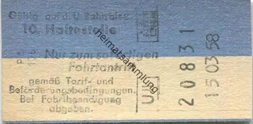 Deutschland - Hamburg - Hamburger U-Bahn-Fahrkarte 1958 - Gültig auf der U-Bahn bis 10. Haltestelle