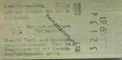 Deutschland - Hamburg - Hamburger U-Bahn-Fahrkarte 1961 - Umsteigezuschlag auf der U-Bahn bis zur 5. Haltestelle