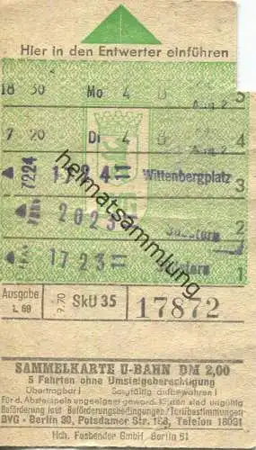 Deutschland - Berlin - Sammelkarte U-Bahn 5 Fahrten ohne Umsteigeberechtigung 1970 - rückseitig Werbung Schultheiss-Bier