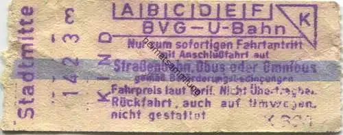 Deutschland - Berlin - BVG - U-Bahn - Kinder-Fahrschein mit Anschlussfahrt auf Strassenbahn Obus oder Omnibus