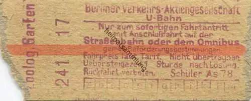 Deutschland - Berlin - Berliner Verkehrs-Aktiengesellschaft - U-Bahn - Schüler-Fahrkarte mit Anschluss auf der Strassenb