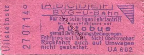 Deutschland - Berlin - BVG - U-Bahn - Fahrschein mit Anschlussfahrt auf Autobus - Ullsteinstrasse