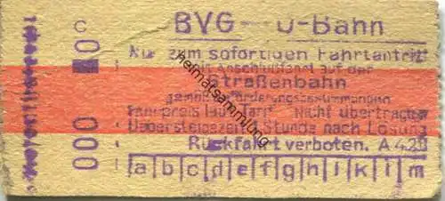 Deutschland - Berlin - BVG-Fahrkarte ca. 1946 - Gültig für eine Fahrt auf der U-Bahn mit Anschlussfahrt auf der Strassen