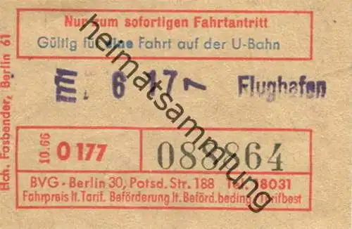 Deutschland - Berlin - Gültig für eine Fahrt auf der U-Bahn - Fahrschein 1966 - Flughafen
