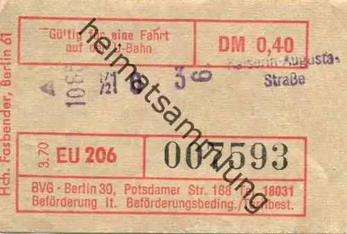 Deutschland - Berlin - Gültig für eine Fahrt auf der U-Bahn - Fahrschein 1970 - Kaiserin-Augusta-Straße